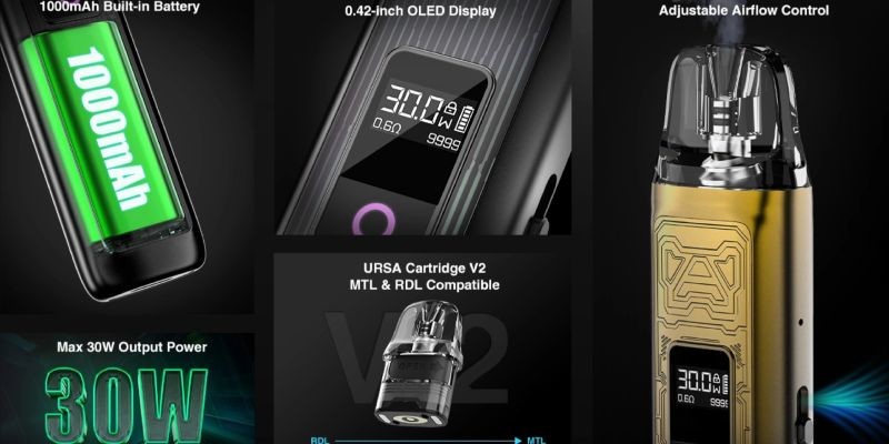 Lost Vape Ursa Nano Pro 2 vape kit features, built-in 1000mAh battery, 30W max power output, Ursa V2 pod compatibility, adjustable airflow control