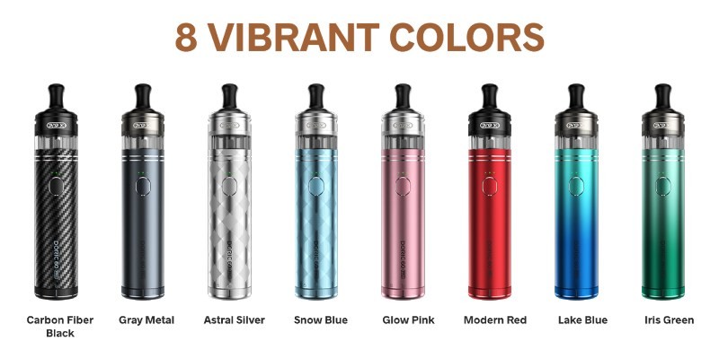 Voopoo Doric 60 Pro vape kit colours: Carbon Fiber Black, Gray Metal, Astral Silver, Snow Blue, Glow Pink, Modern Red, Lake Blue and Iris Green