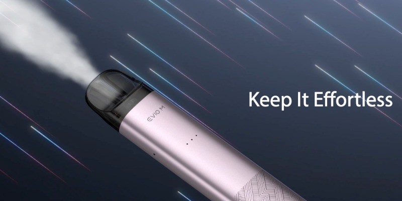 Joyetech Evio M creates vapour without buttons, and the image displays the device’s inhale activation