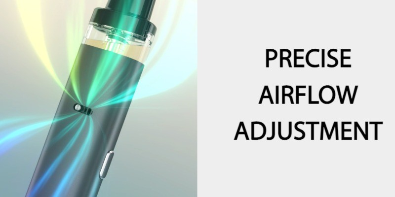 Image displays Joyetech EVIO M Pro device with adjustable airflow switch. Adjust your inhale using the airflow slider