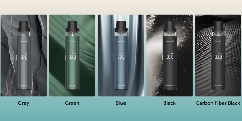 Image displays the Joyetech EVIO M Pro pod kit in five colours. Grey, Green, Blue, Black, Carbon Fiber Black