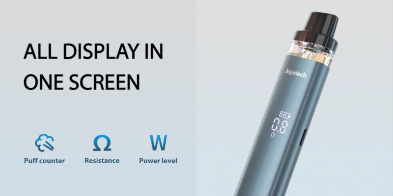 Blue Joyetech EVIO M Pro pod kit with LED display, showing puff count, coil resistance and wattage