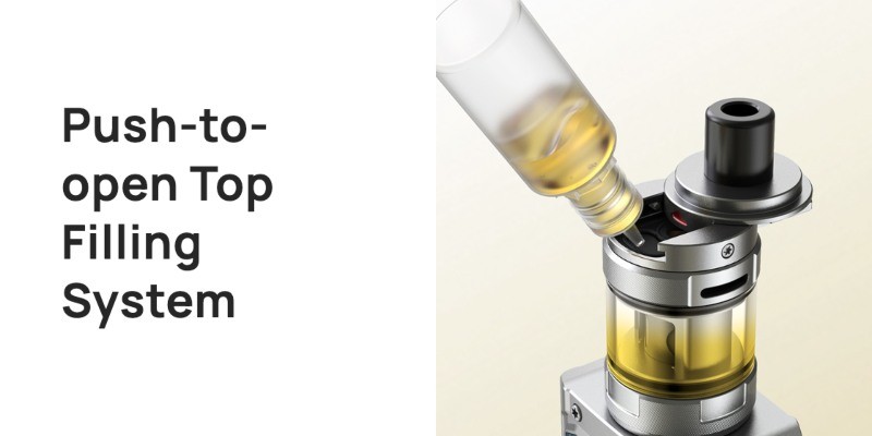 Aspire AF Tank sliding push to open top-fill mechanism for e-liquid refilling