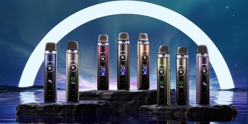 Geekvape Wenax Q Pro vape kit colours: Aurora Green, Azura Blue, Black, Luminous Purple, Moonlit Silver, Starlight Grey, Sunburst Gold and Twilight Red