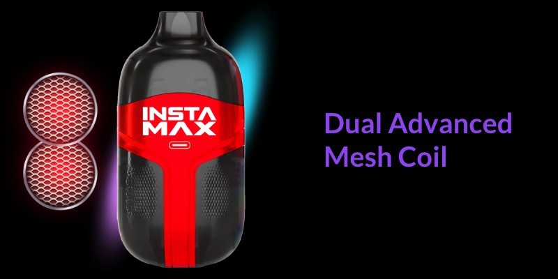 Insta Max disposable vape kit built-in 1.2 Ohm dual mesh coils, flavour boosting