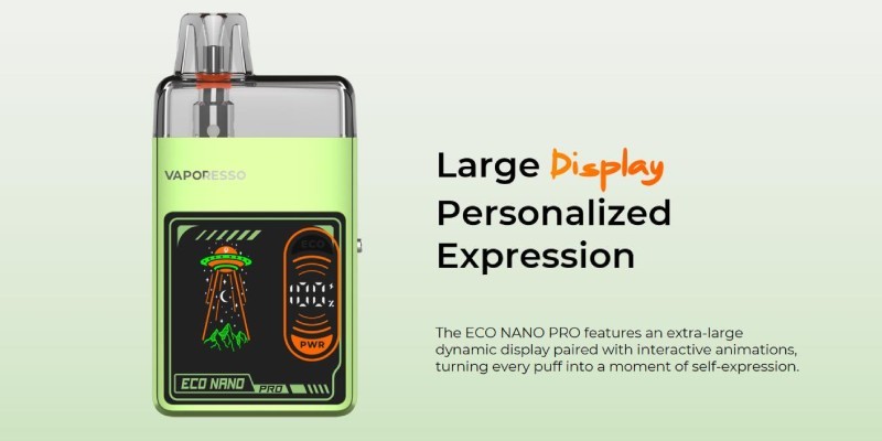 Vaporesso Eco Nano Pro features a display screen to show battery life and interactive animations