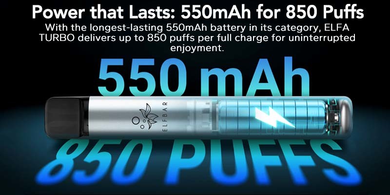 Elfa Turbo has a 550mAh battery and delivers 850 puffs per charge.