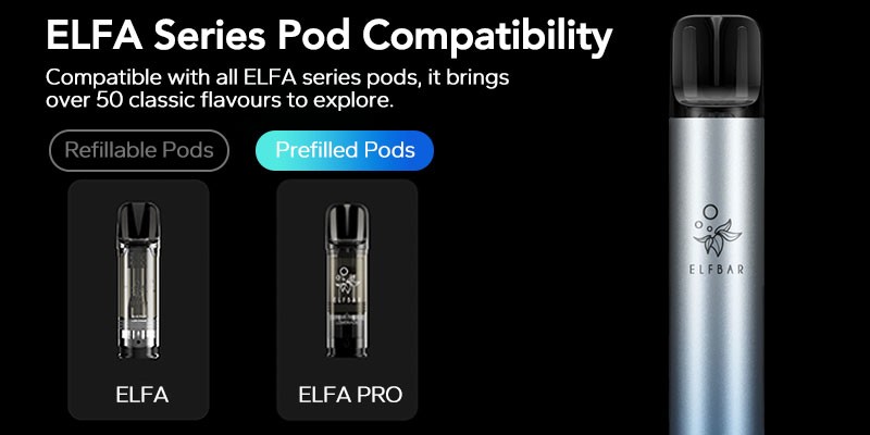 Elfa Turbo refillable pod kit, compatible with Elfa series pods, refillable pods, prefilled pods, over fifty flavours. 