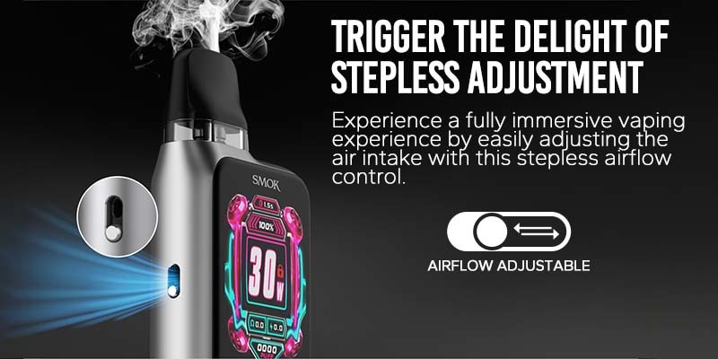 Smok Novo GT Box vape kit features adjustable airflow control slider to alter the feel of your inhale.  
Caption: The 
