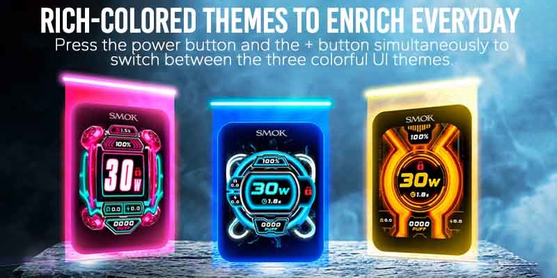 Smok Novo GT Box with three LED coloured themes in pink, blue and yellow. 