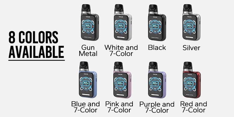 Smok Novo GT Box comes in eight colours: Gunmetal, White, Black, Silver, Blue, Pink, Purple and Red. 