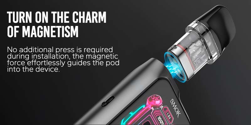 Smok Novo GT Box vape kit features magnetic connection that holds your pod in place.