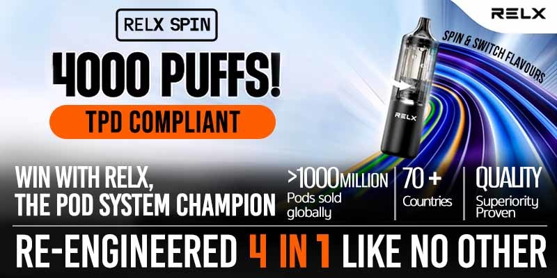 Relx Spin is TPD compliant, delivers up to 4000 puffs and has 4-in-1 rotating design.