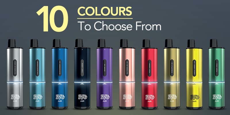 IVG Air 4 In 1 vape kit 10 colours: Black, Blue, Gold, Green, Pink, Purple, Red, Silver, Sky Blue and Yellow