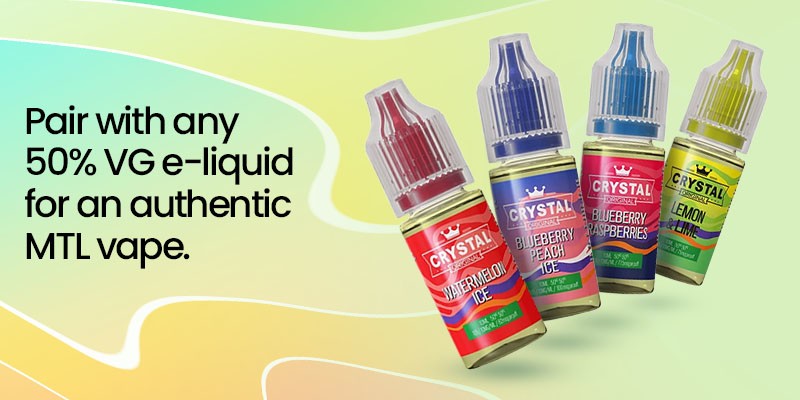 Use 50/50 VG/PG e-liquid with the SKE Crystal Plus refillable pods for an ideal MTL vape