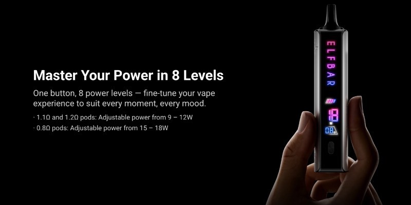 Elfa Master, eight power levels, customised vape. 1.1 Ohm and 1.2 Ohm between 9-12W, 0.8 Ohm between 15-18W