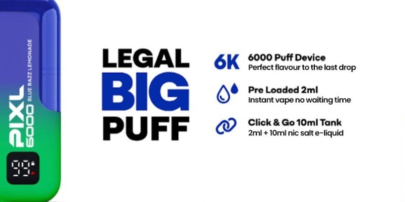 PIXL 6000 disposable vape, 6000 puffs, 2ml prefilled built-in pod, 10ml e-liquid container