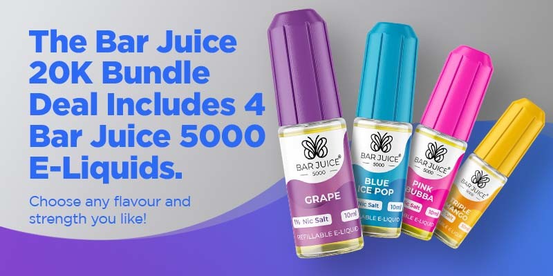 Bar Juice 20K vape kit bundle deal, four included e-liquids