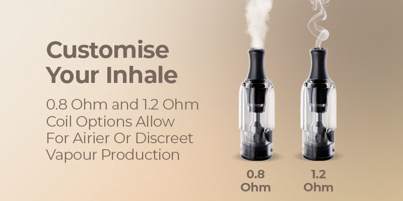 Swap from a discreet MTL inhale using the 1.2 Ohm pod to an airier MTL inhale with the 0.8 Ohm option.