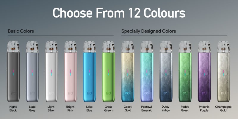 Uwell Caliburn G4 Mini in Bright Pink, Champagne Gold, Coast Gold, Dusty Indigo, Grass Green, Lake Blue, Light Silver, Night Black, Paddy Green, Peafowl Emerald, Phoenix Purple, Slate Grey.
