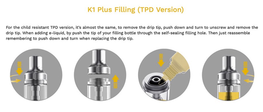 The K1 Plus tank features a threaded mouthpiece top cap, which is removed to refill the tank with e-liquid.