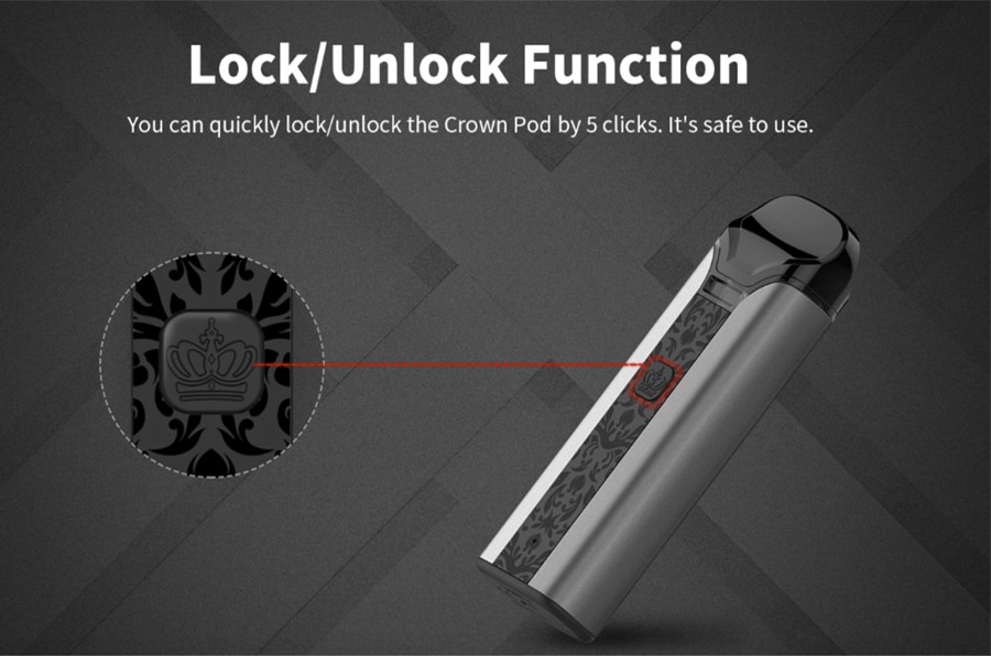 The Uwell Crown pod device features a large firing button which also serves to lock the kit with 5 clicks.
