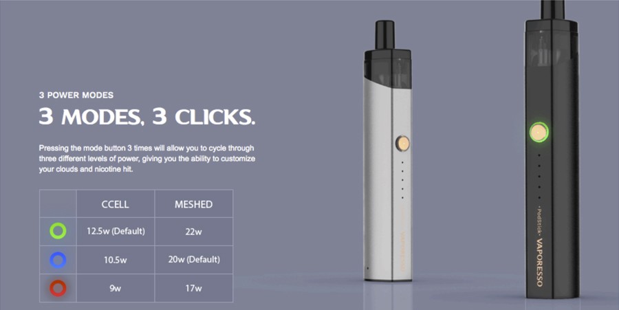 The PodStick features three separate power modes to identify you vaping style.