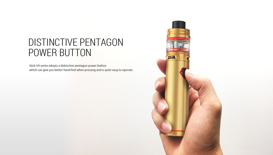 A pentagon-shaped firing button allows an easy activation of the Smok Stick V9 kit.