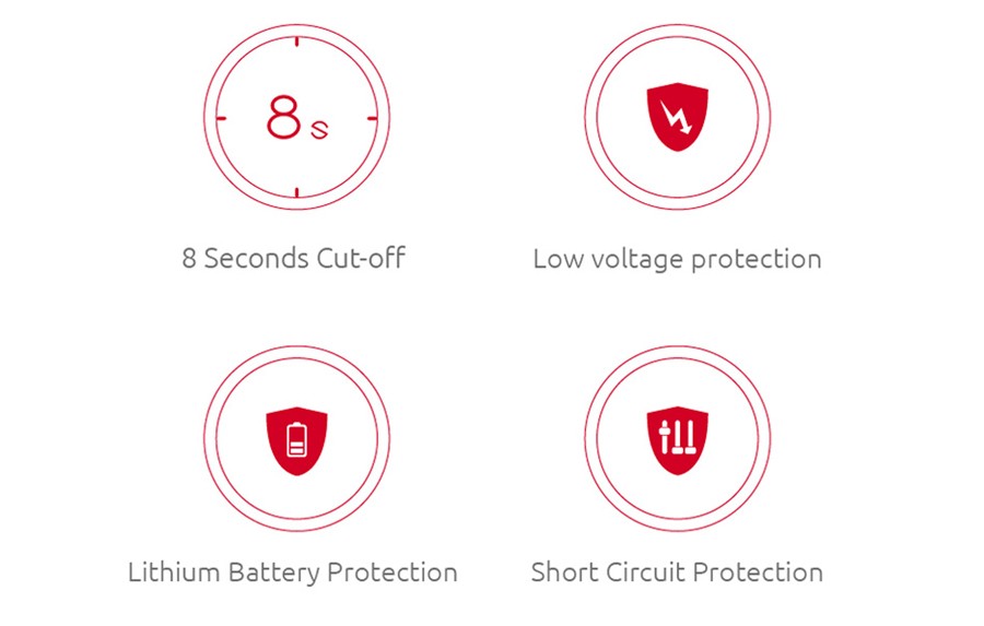 A range of safety features including Short Circuit Protection, Low Voltage and an 8-Second Cutoff, secures the Stick V9 for a longer lifespan.