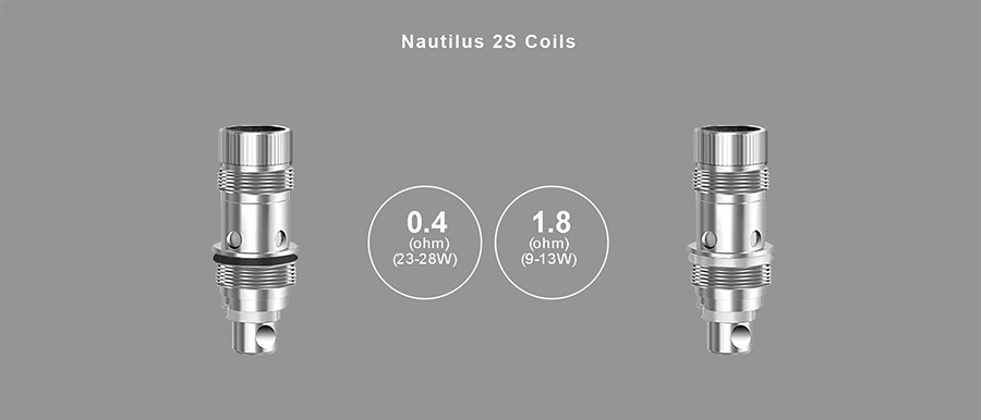 The Nautilus 2S vape tank is compatible with two coils; a 0.4 Ohm for sub ohm vaping or a 1.8 Ohm for those who prefer MTL vaping.