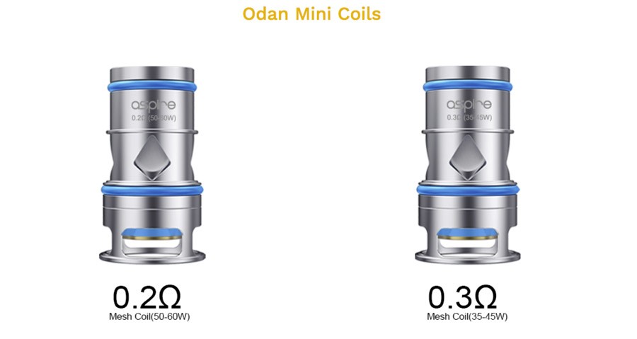 The Odan Mini is compatible with two separate mesh coil types, a 0.2 Ohm and 0.3 Ohm variant.