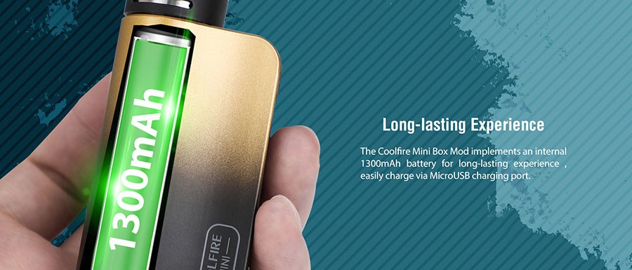 The Coolfire Mini box mod features a large capacity 1300mAh built-in battery, which can be recharged via micro USB.