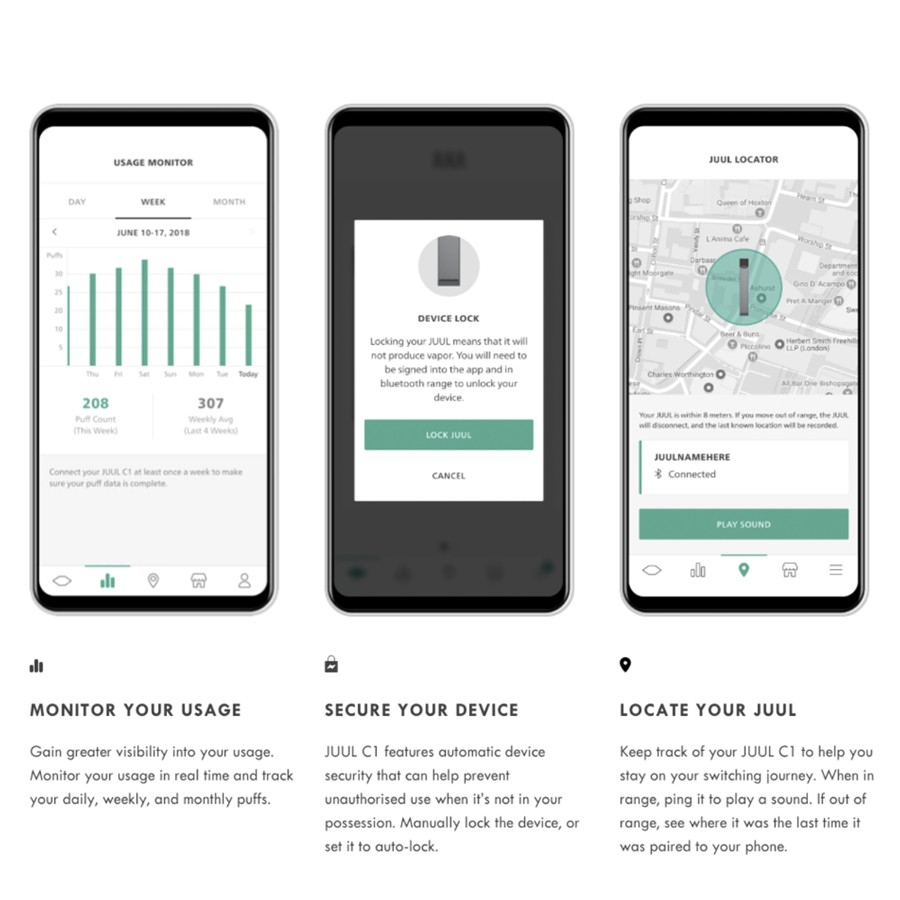 The JUUL C1 is compatible with a mobile phone app which can monitor usage, lock your device as well as locate it when lost.