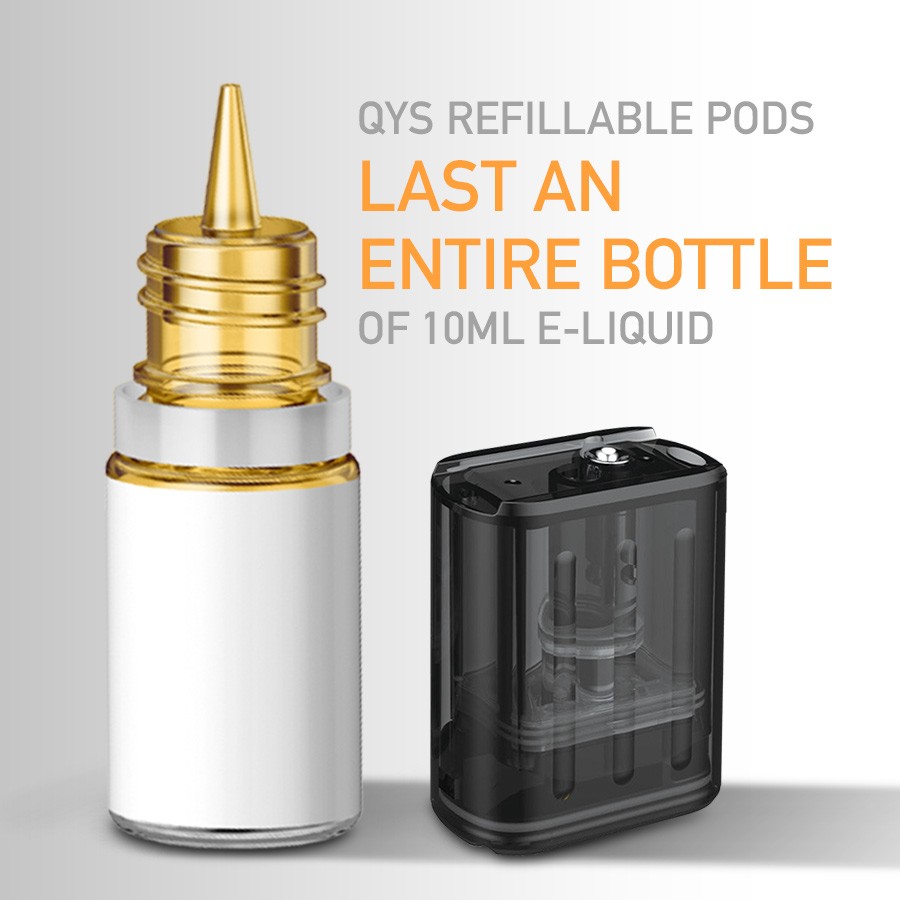 Each 2ml QYS pod is refillable and can be filled multiple times with high PG e-liquid.