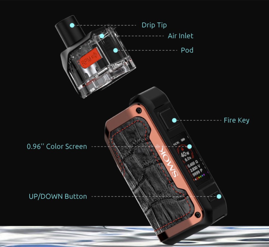 The Smok Alike is a sub ohm pod kit powered by a large 1600mAh battery and features a striking design.