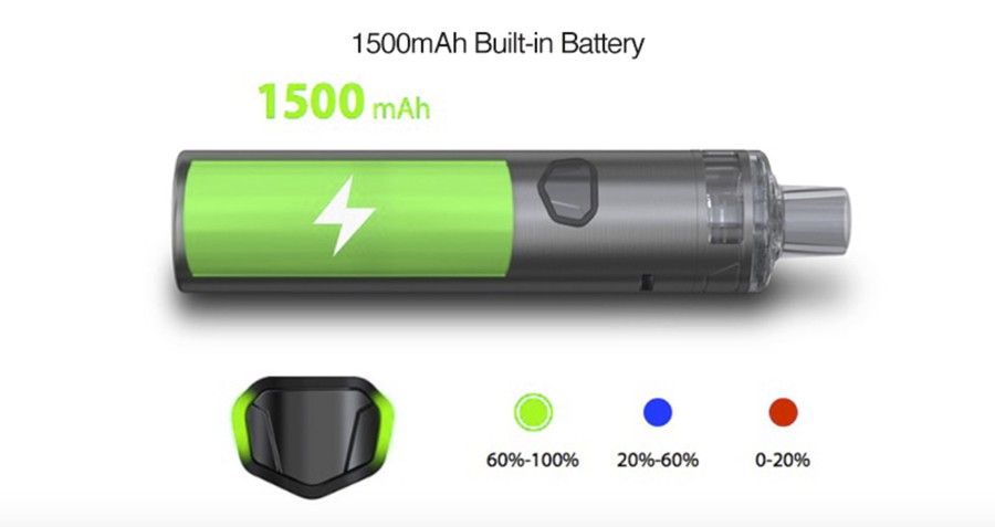 The iJust AIO kit features a 1500mAh built-in battery with a 20W max output which can be adjusted using the three power settings.