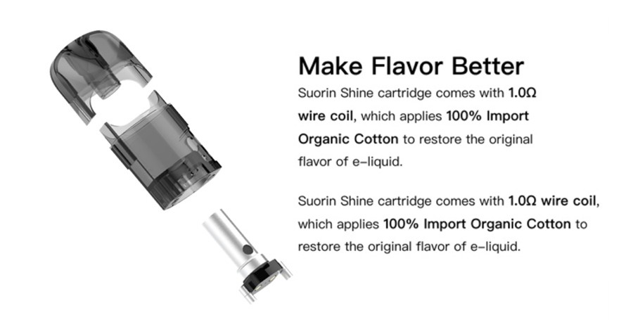 The Shine 2ml refillable MTL pods feature organic cotton wick and an in-built 1.0 Ohm coil, suited to high PG e-liquids.