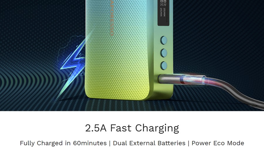 The Gen-S vape kit requires two 18650 vape batteries and features fast charging capabilities.