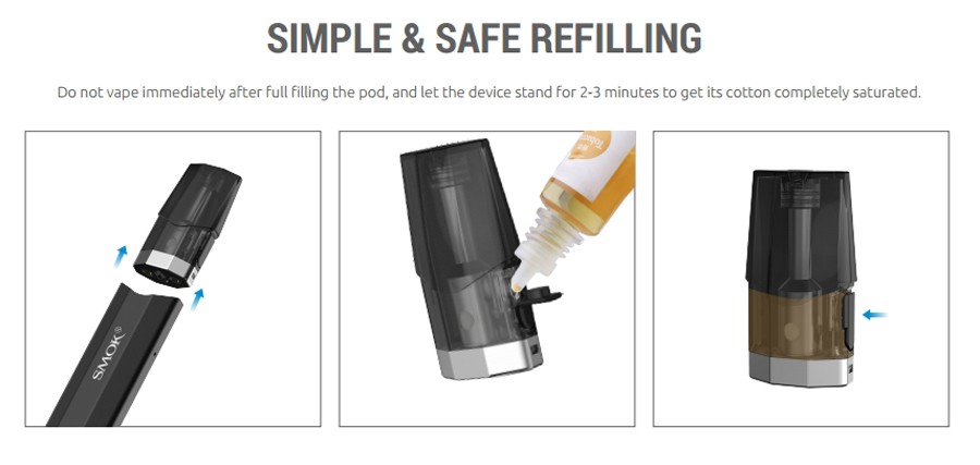 Each Smok Nfix 2ml refillable pod can be used with high PG e-liquid and can be refilled multiple times.
