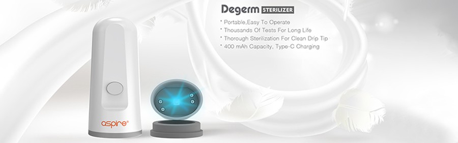 The Aspire Degerm is a UV light steriliser to be used on vape products such as drip tips.
