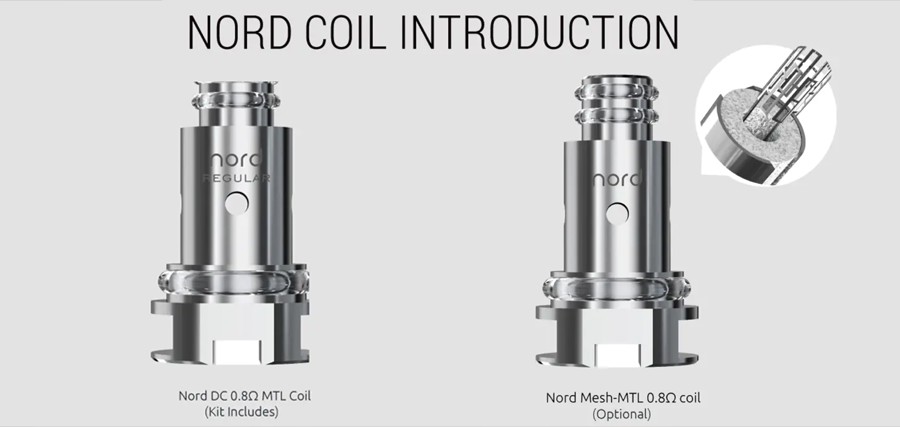 The 2ml Nord 2 Nord refillable pods employ the Nord DC 0.8 Ohm coils with a dual coil build, delivering an MTL vape.