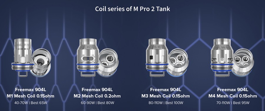 The M Pro 2 is compatible with Freemax M mesh coil series, available in a range of sub ohm resistances.