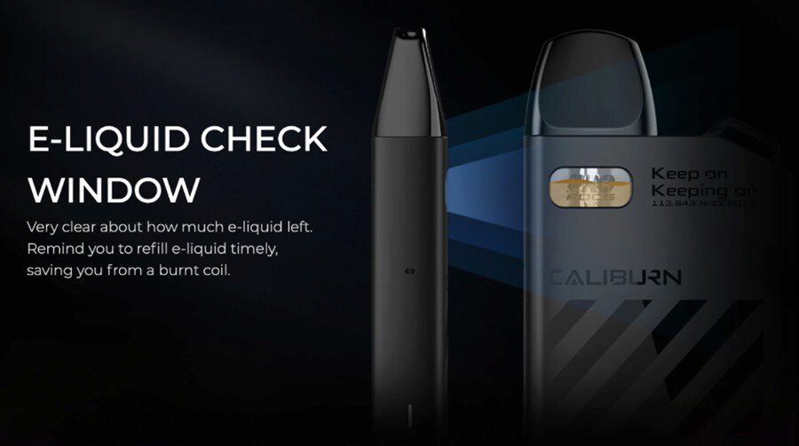 Capable of holding up to 2ml of e-liquid, the Caliburn AK2 vape features a  window so you know exactly how much e-liquid is left.