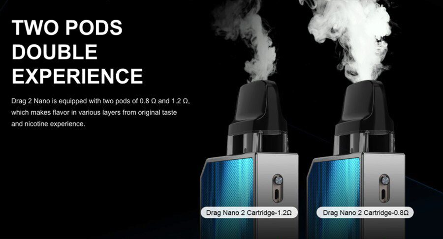 Take your pick from a 0.8 Ohm coil pod or 1.2 Ohm coil pod, both deliver an MTL vape. 