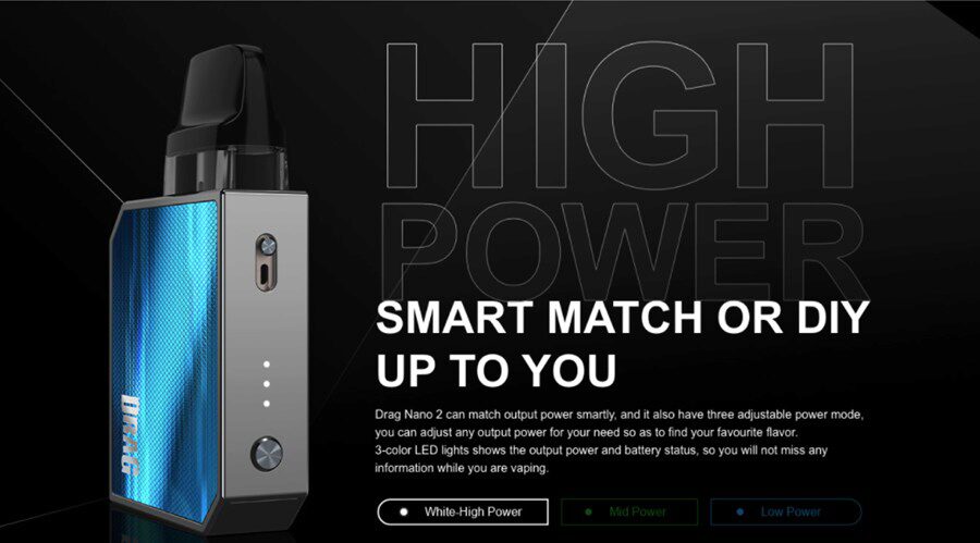 You can swap between Smart mode that selects a wattage automatically or one of three power levels for a vape that suits you. 