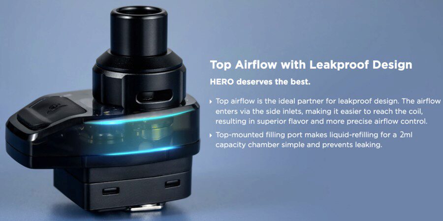 Boasting a leakproof design and top fill capabilities, the Aegis Hero 2 pods can hold up to 2ml of e-liquid. 