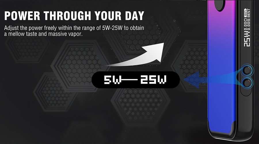 The adjustable wattage option that the Acro pod kit features ensures you’ll have full control over vapour production for your ideal vape.