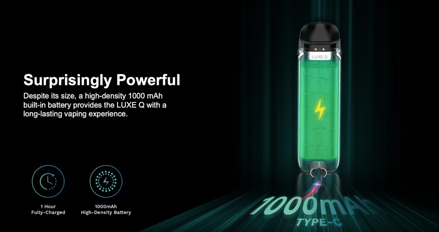 Luxe Q Pod Kit By Vaporesso 1 The Vaporesso Luxe G combines a compact build with a 1000mAh battery, resulting in a kit that lasts longer and still fits in your pocket.