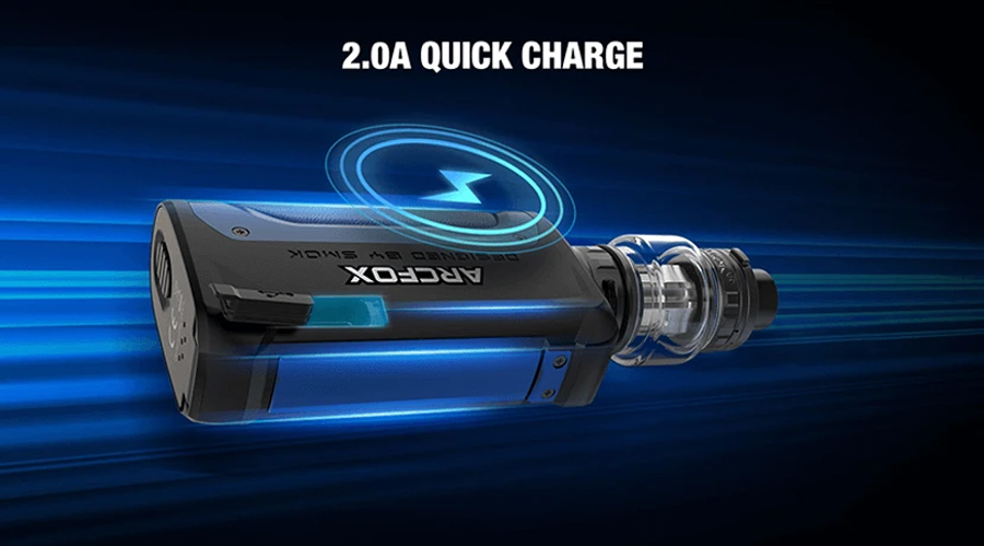 Relying on the power of two 18650 vape batteries, the Smok Arcfox supports internal charging with a fast 2A charging current.