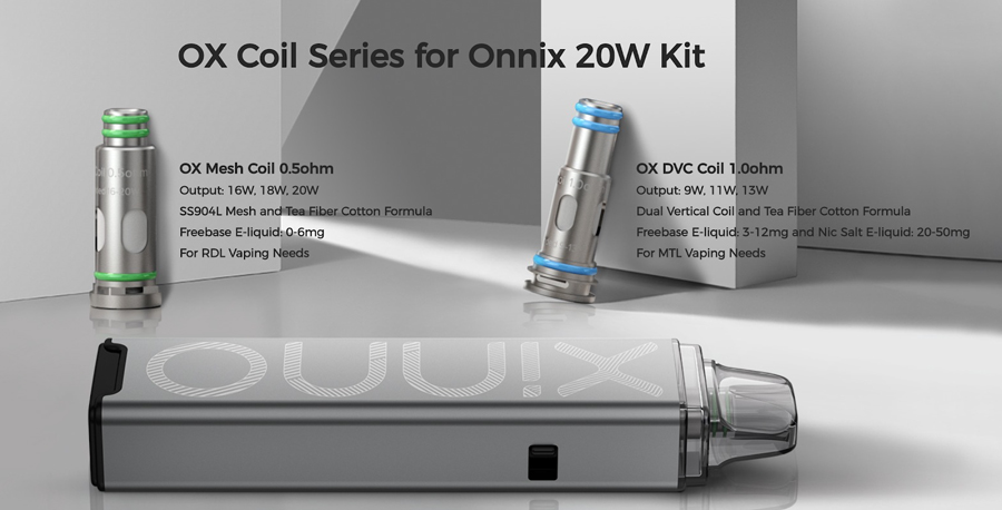 Two Freemax OX coils have been created for this kit, the 0.5 Ohm creates a larger amount of vapour, while 1.0 Ohm OX coils will support MTL vaping.